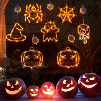 Lumières LED suspendues pour fenêtre d'Halloween, araignée, citrouille, fantôme, horreur, atmosphère, lumières décoratives pour fêtes, décoration d'intérieur