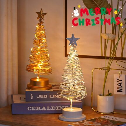 Lampe de table LED en spirale pour sapin de Noël, décoration en fer forgé, lampe de bureau pour chambre à coucher, ambiance de Noël, veilleuse décorative