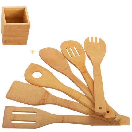 Ensemble de spatules en bambou avec support carré, écologique, avec poignée ergonomique, ustensile de cuisine