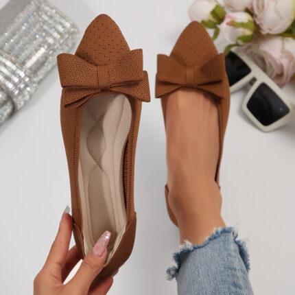 Escarpins pointus tricotés avec nœud et ouverture peu profonde pour femmes, style western, avec jupe plate