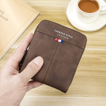 Portefeuille vintage à deux volets et fermeture éclair horizontale courte pour homme